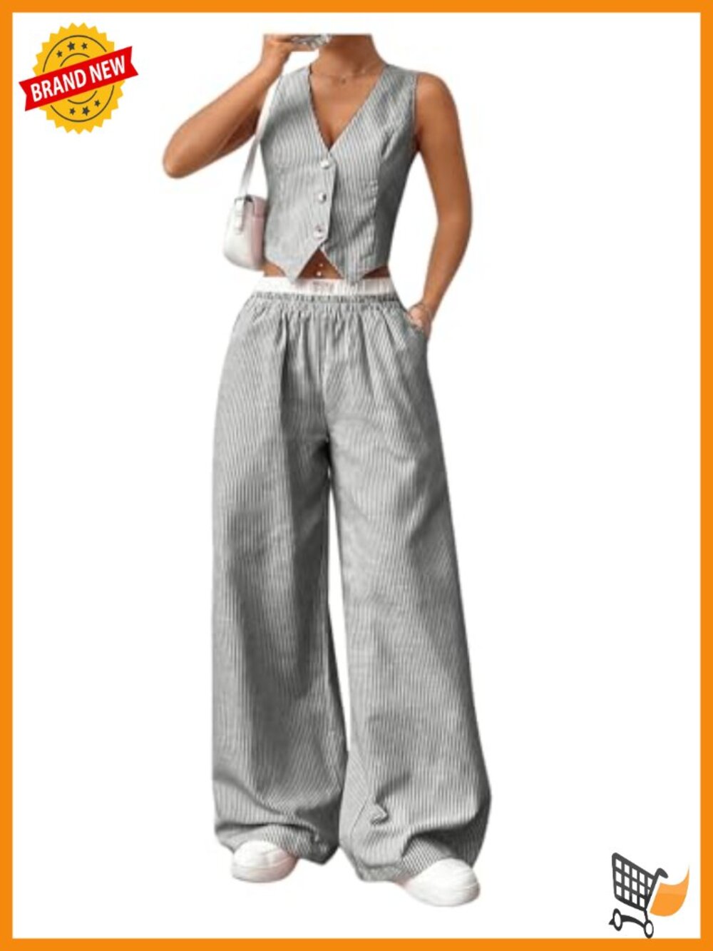 Women's 2 Piece Striped V Neck Button Blazer Vest & Wide Leg Pants Tracksuit Set